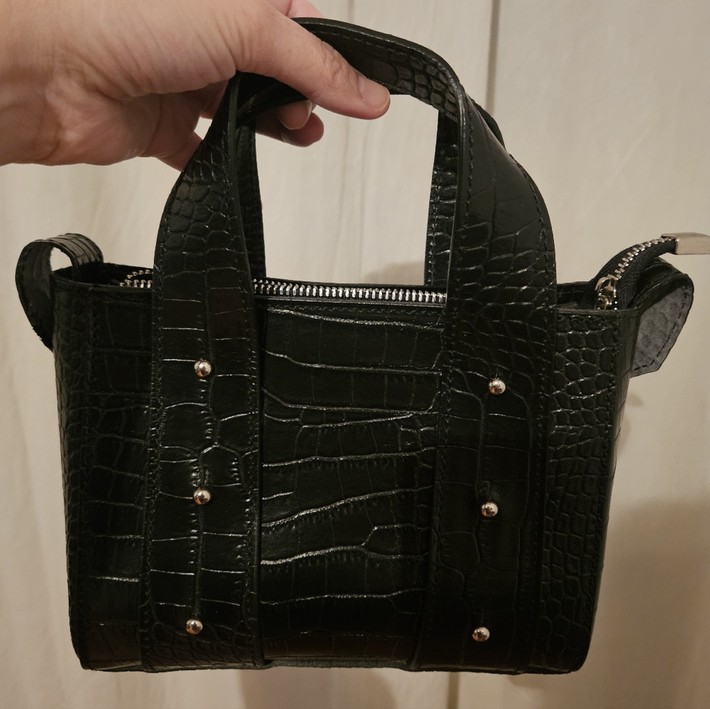 Genuine Leather Black Crocodile-Embossed Mini Handbag
